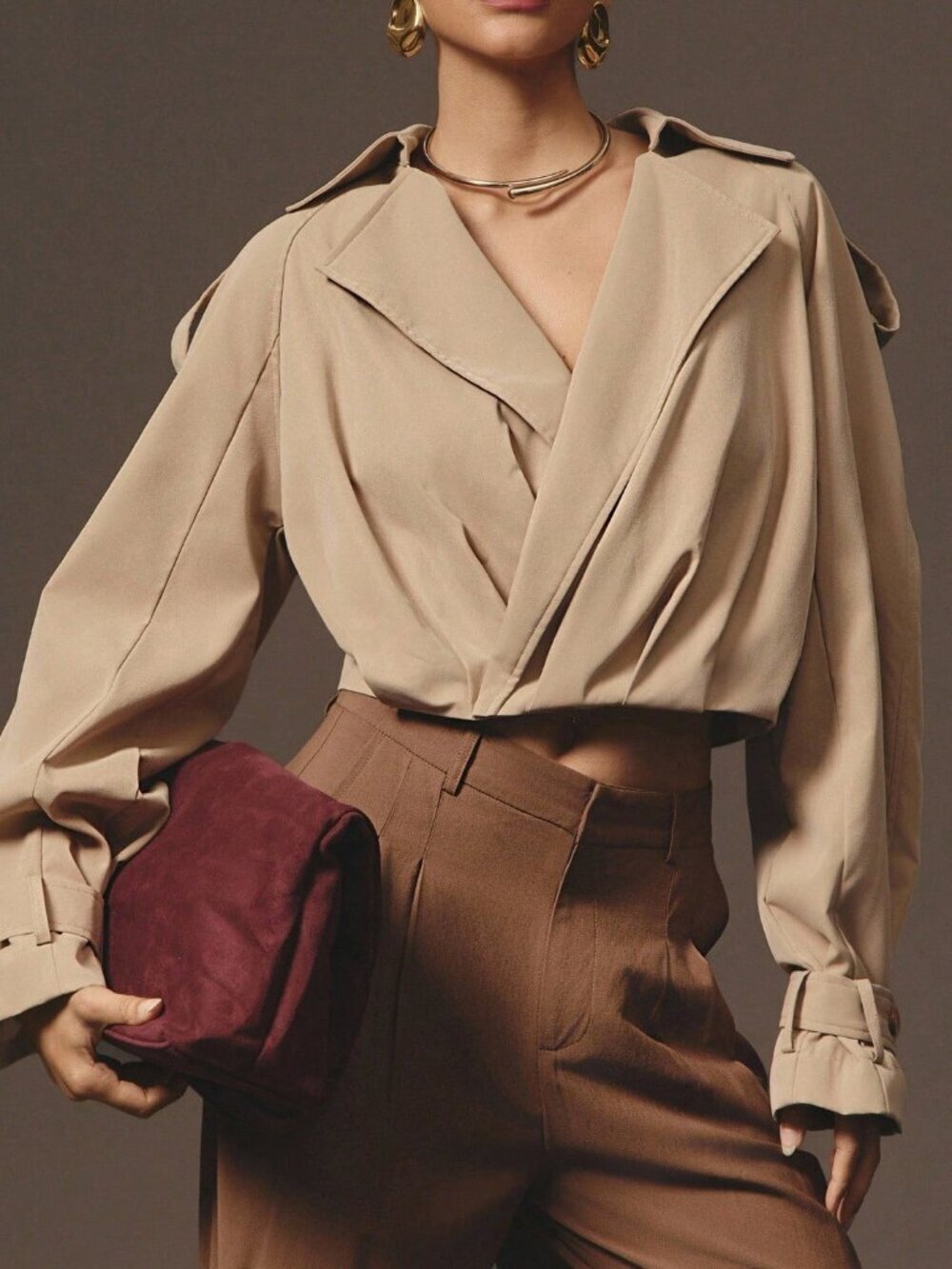 Khaki Casual Women's Oversized Pleated Short Trench Coat